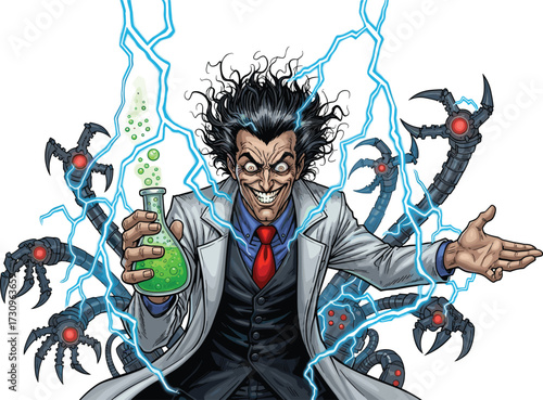 Insane scientist holding green formula, robotic claws, lightning bolts, wild hair, evil smile, futuristic lab, villainous science experiment scene