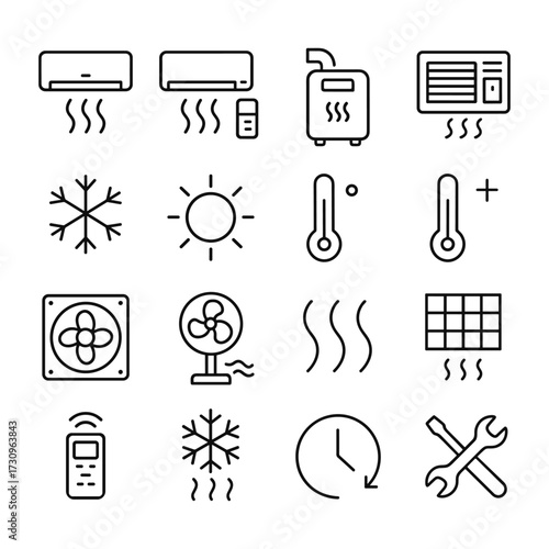 Climate control and cooling icons. Outline symbols. Line design