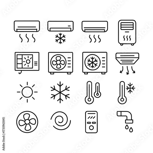 HVAC system vector icon collection. Outline symbols. Line design
