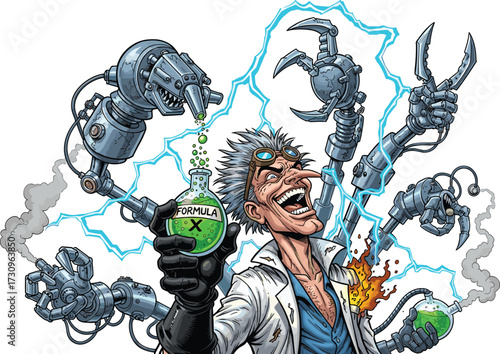 Mad scientist with robotic arms, green chemical formula, lightning bolts, explosion, steampunk goggles, and crazy lab experiment scene