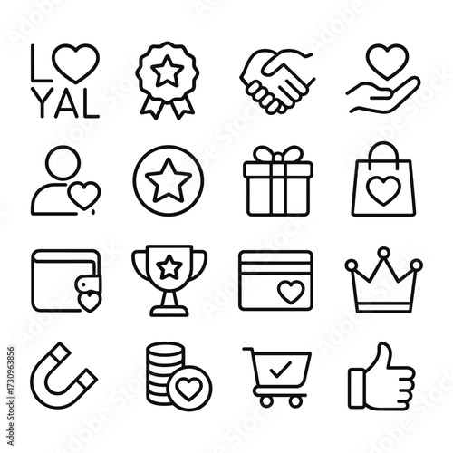 Customer loyalty and rewards icons. Outline symbols. Line design