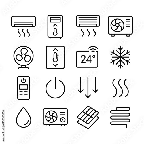 Heating and cooling system icons. Outline symbols. Line design