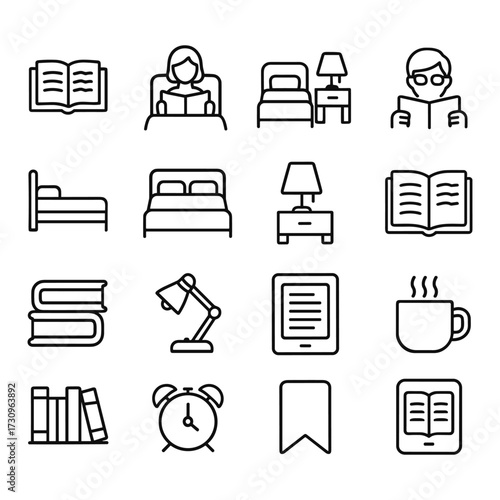 Sleep and reading comfort icons. Outline symbols. Line design