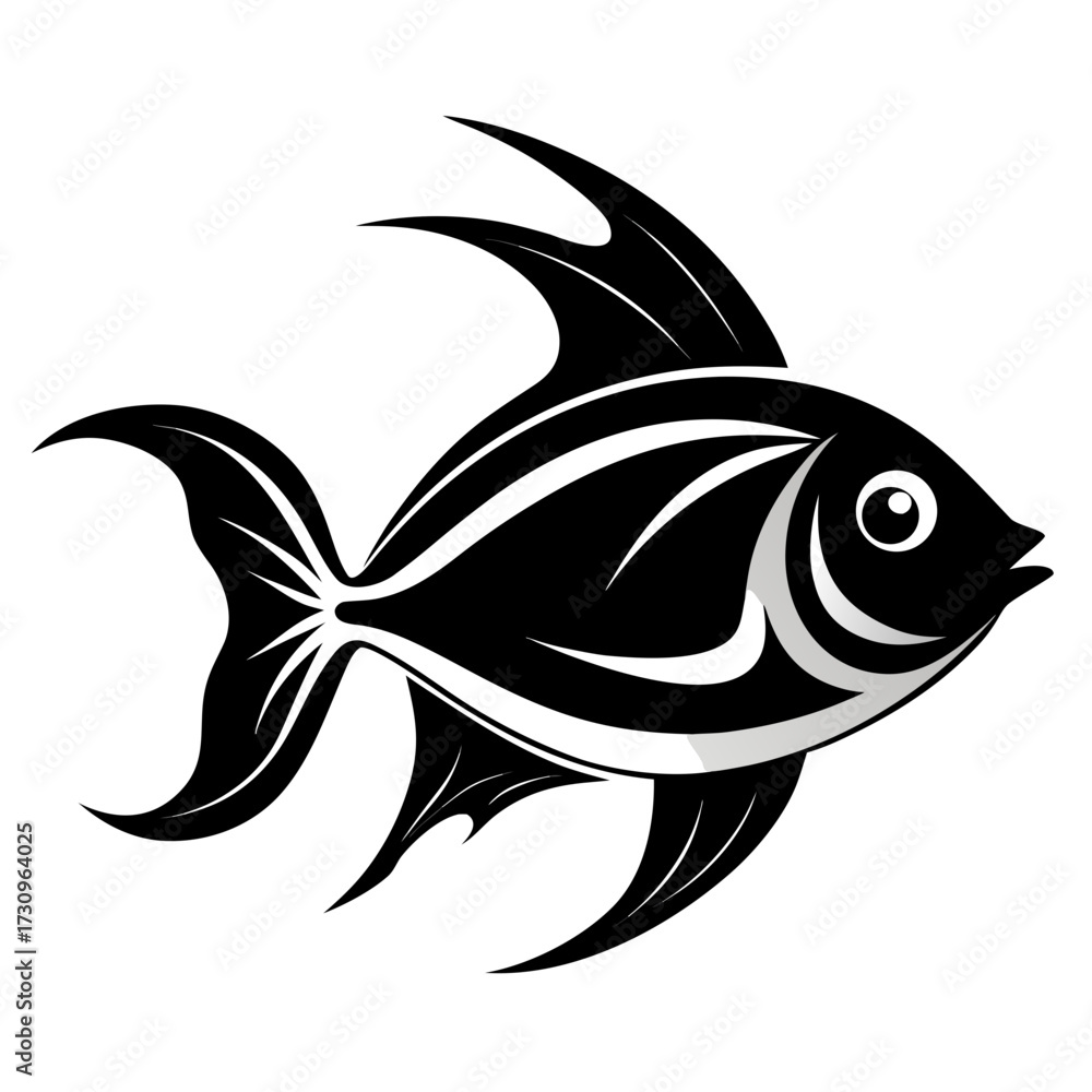 Naklejka premium Stylized black fish silhouette with sharp fins and a detailed body isolated on white background silhouette