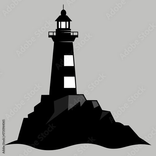 Black lighthouse silhouette standing tall on rocky outcrop isolated on white background