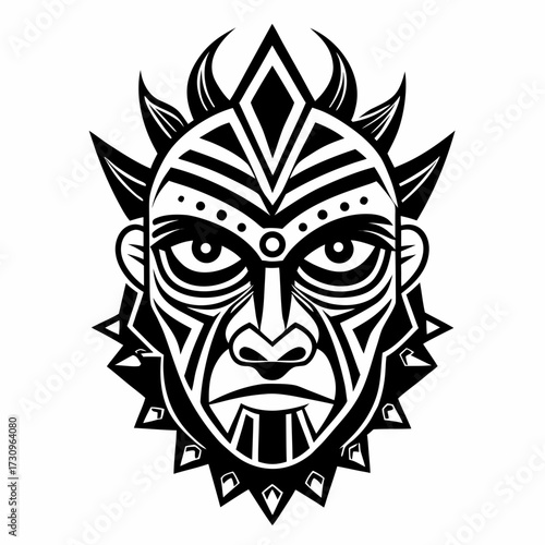 Tribal mask silhouette with intricate patterns isolated on white background