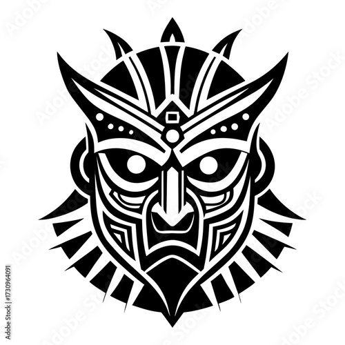 Intricate tribal mask silhouette with fierce expression isolated on white background