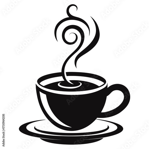 Stylized black silhouette of a steaming coffee cup and saucer isolated on white background