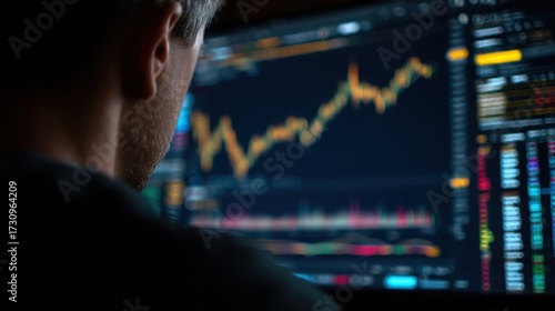 Trader or analyst viewing a stock market or cryptocurrency graph on a computer screen in the dark