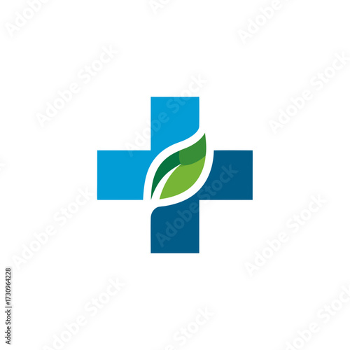 Natural health and wellness medical cross logo with vibrant green leaf. Holistic healthcare, pharmacy, and herbal medicine symbol.