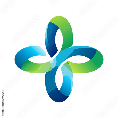 Abstract intertwined fluid loop graphic in blue and green gradient. Modern digital network connection symbol, growth and synergy concept.