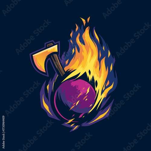 Dynamic flaming axe and purple sphere illustration. Abstract digital art concept with fire for power, energy, gaming, or strong icon.