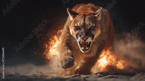 Beautiful big puma with dust and fire on black background. Wildlife scene. Angry big cat in fiery ambience.
