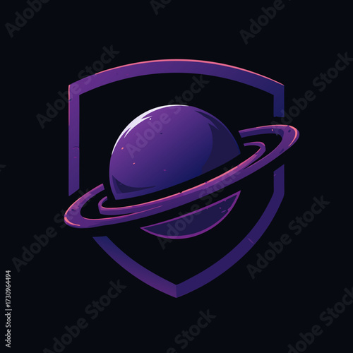 Purple ringed planet emblem inside a shield icon, a modern vector design for cosmic, gaming, or technology themes on a dark background.