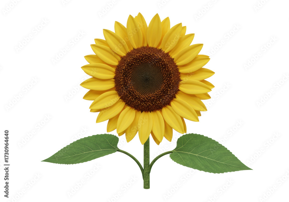 Obraz premium Vibrant yellow sunflower isolated on transparent PNG, detailed botanical flower with brown center and green leaves for design projects