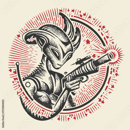 Vintage Sci-Fi Alien Illustration with Futuristic Energy Weapon. Retro Engraved Style Extraterrestrial holding a Ray Gun in Circular Graphic.