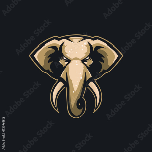 Powerful elephant head mascot illustration with tusks, perfect for sports teams, gaming logos, or strong animal emblem designs