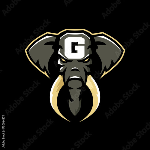 Powerful aggressive elephant head mascot logo illustration with large tusks for esports gaming team or sports brand design