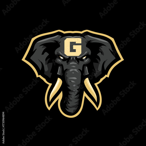 Fierce elephant head mascot logo with golden G letter on forehead, aggressive animal illustration on black background
