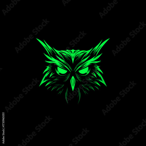 Mysterious neon green owl head illustration with glowing eyes on a dark black background. Stylized nocturnal bird vector art design.