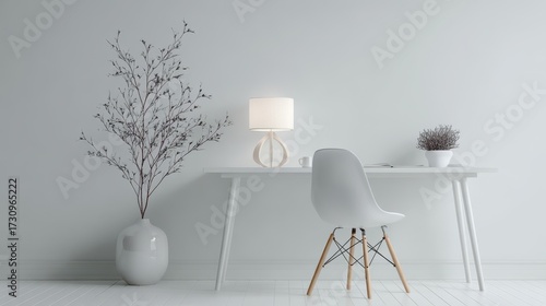 Modern Minimalist White Workspace with Lamp and Decorative Branches.