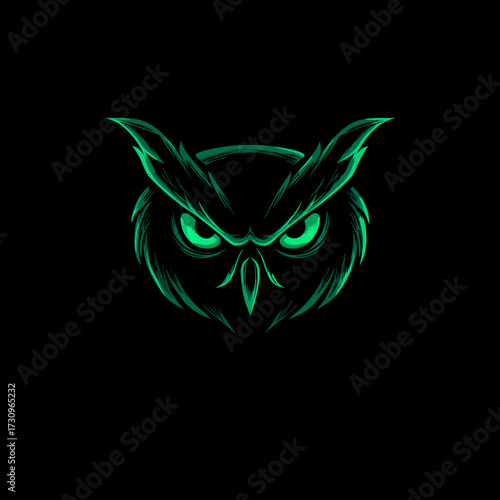 Striking glowing green owl head illustration on a dark background. Intense nocturnal bird with captivating eyes, symbolizing wisdom and power.
