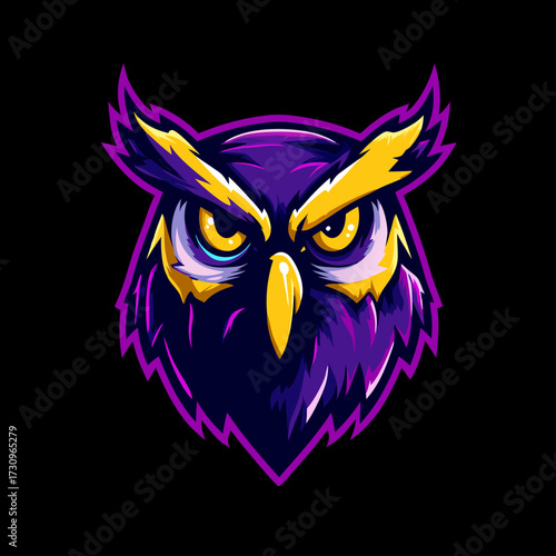 Intense purple and yellow owl head illustration, a striking stylized mascot logo design for esports, gaming, or wildlife concepts.
