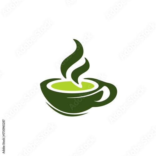 Stylized hot green tea cup icon with steaming beverage, healthy herbal drink graphic, modern eco-friendly design element