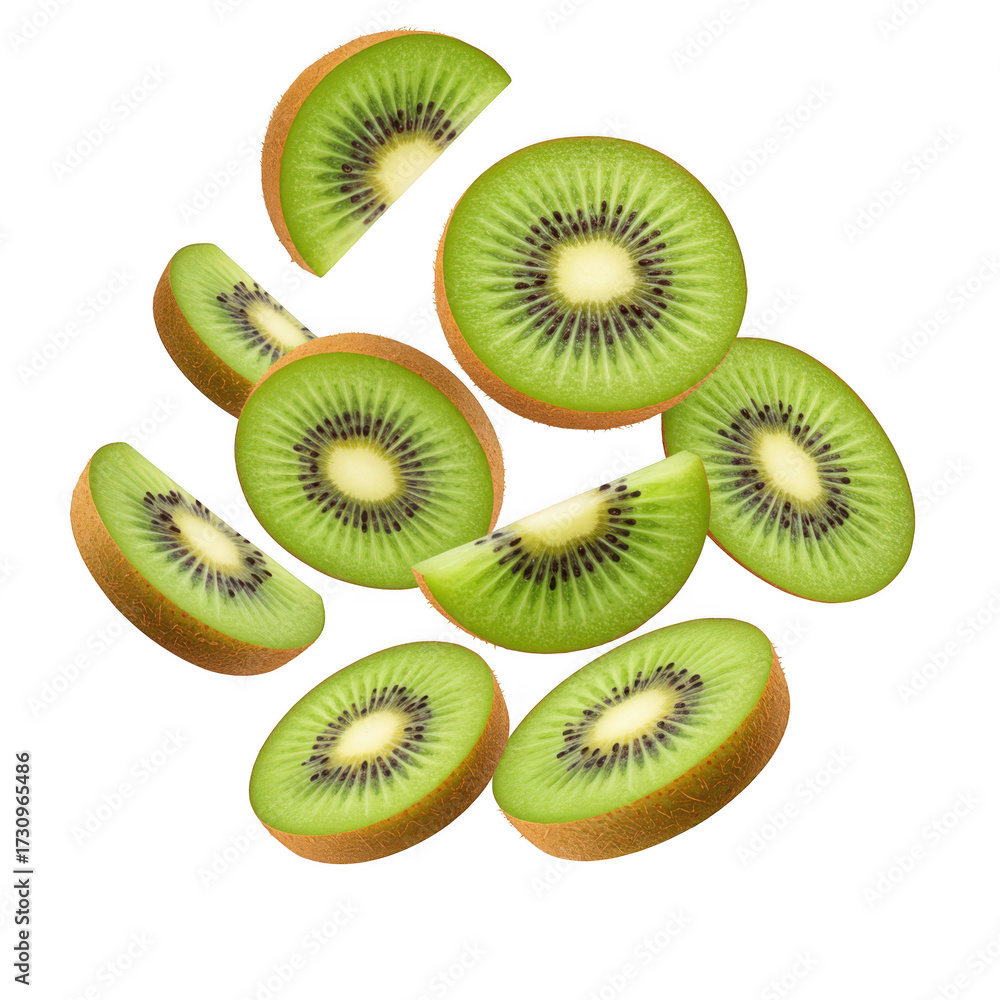Fototapeta premium Freshly sliced kiwi fruit pieces isolated on transparent background