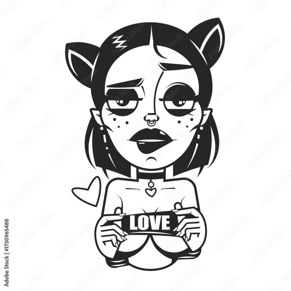 Fototapeta premium Beautiful young girl hugging herself love yourself concept with big pink heart on background