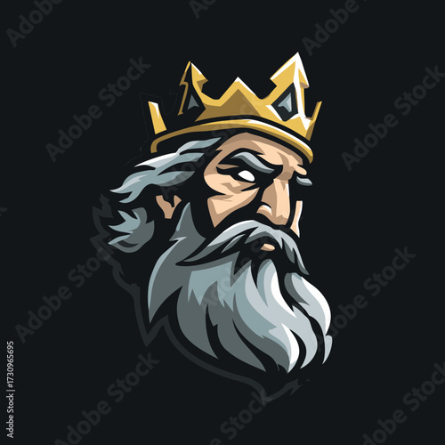 Majestic King Head Mascot Illustration with Golden Crown and Long White Beard. Wise Old Man, Royal Emperor Gaming Esport Emblem Design