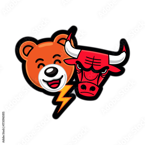 Cartoon Bull and Bear Market Heads with Lightning Bolt Icon. Financial Trends, Stock Exchange, Investment Volatility Symbols.