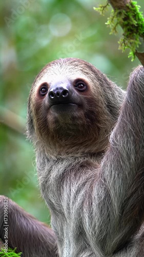 Extreme close-up vertical video of a three-toed sloth, soft fur, eyes semi-closed, hanging from a mossy branch, blurred rainforest, warm dappled light, subtle push-in. Serene tranquility