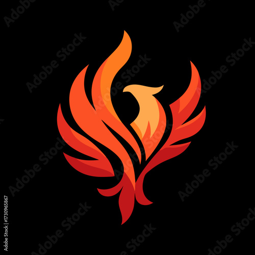 Vibrant Fiery Phoenix Bird Logo Design. Abstract Mythical Flame Creature with Spread Wings on Black Background.