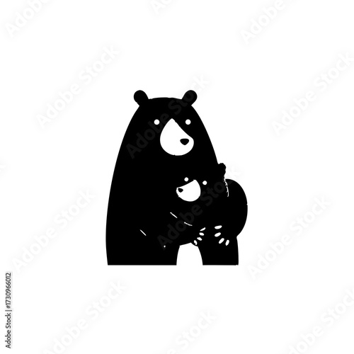Simple black silhouette illustration of a mother bear hugging her cub, symbolizing love, family, and protection on a white background.