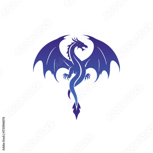 Powerful Blue Dragon Symbol with Open Wings - Fantasy Mythical Creature Illustration for Logo Design and Graphic Elements