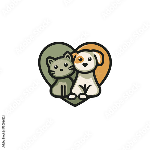 Cute cartoon cat and dog characters sitting together in a heart shape, symbolizing pet love and animal companionship.