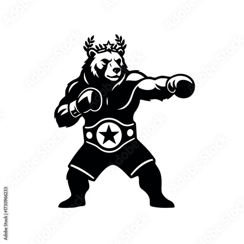 Black And White Illustration of a Boxer Bear Champion with wreath