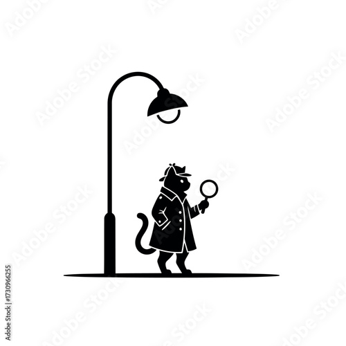 Black and white illustration of a detective cat with magnifying glass