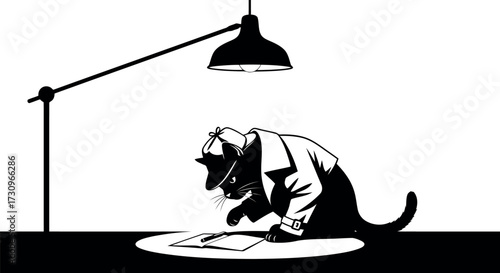 Black Cat Detective Investigating a Case Under a Bright Lamp Illustration