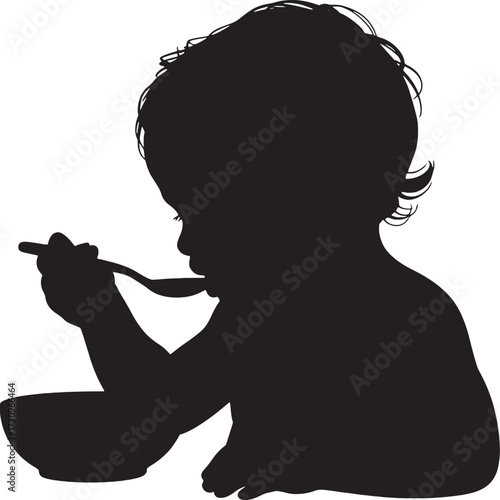 Black silhouette of a baby eating from a bowl with a spoon vector 1