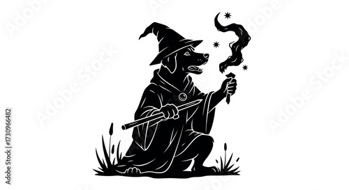 Dog Wizard Casting Spell with Magic Wand in Black and White