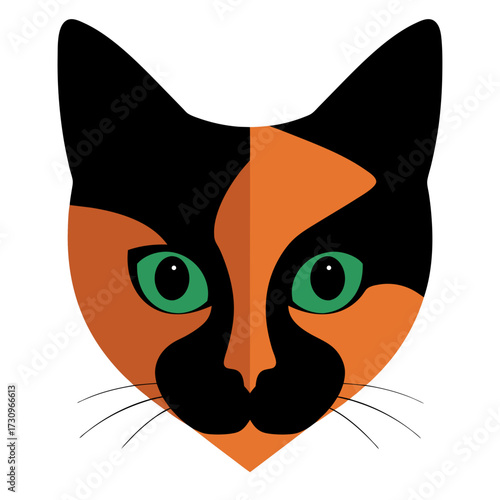 Stylized tortoiseshell cat face vector illustration with striking green eyes, a cute graphic animal pet portrait design on white background