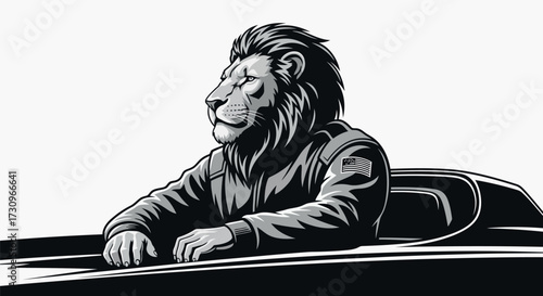 Lion pilot driving vehicle vector illustration in black and white