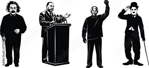 "Vector portraits of iconic leaders, scientists, activists, and entertainers in black and white illustration style for history and culture"