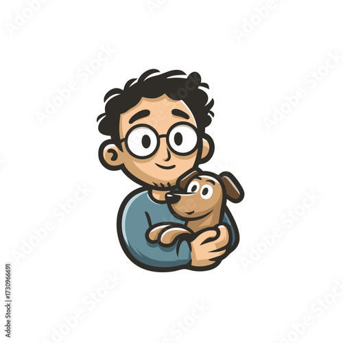 Friendly cartoon man with glasses embracing a small brown dog, happy pet owner illustration, cute animal companion artwork.