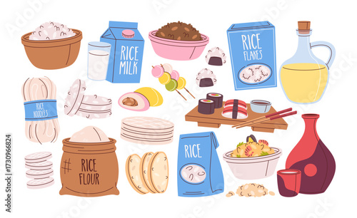 Rice products colorful hand drawn set with burlap sack, porridge, noodles, oil, crispy bread, sushi