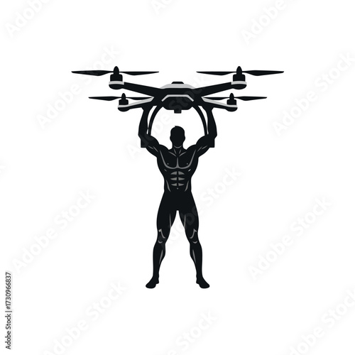 Powerful man holding drone above fitness strength technology concept