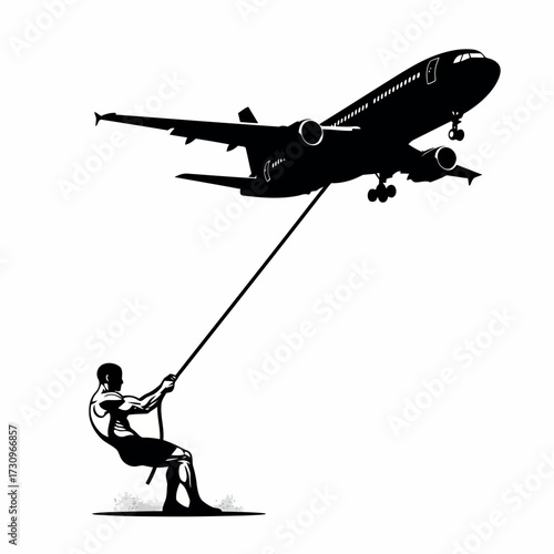 Powerful man pulling airplane concept with rope a silhouette design