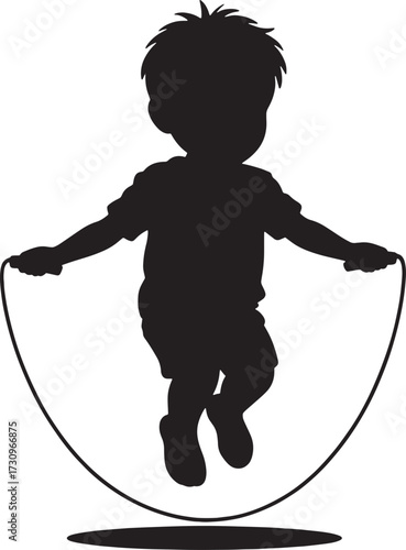 Black silhouette of a child jumping rope black and white activity